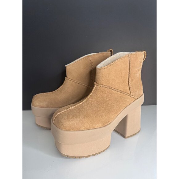 UGG New Heights Platform Mini Chestnut Suede Sherpa Boots US 7 EU 38 New - Picture 1 of 5